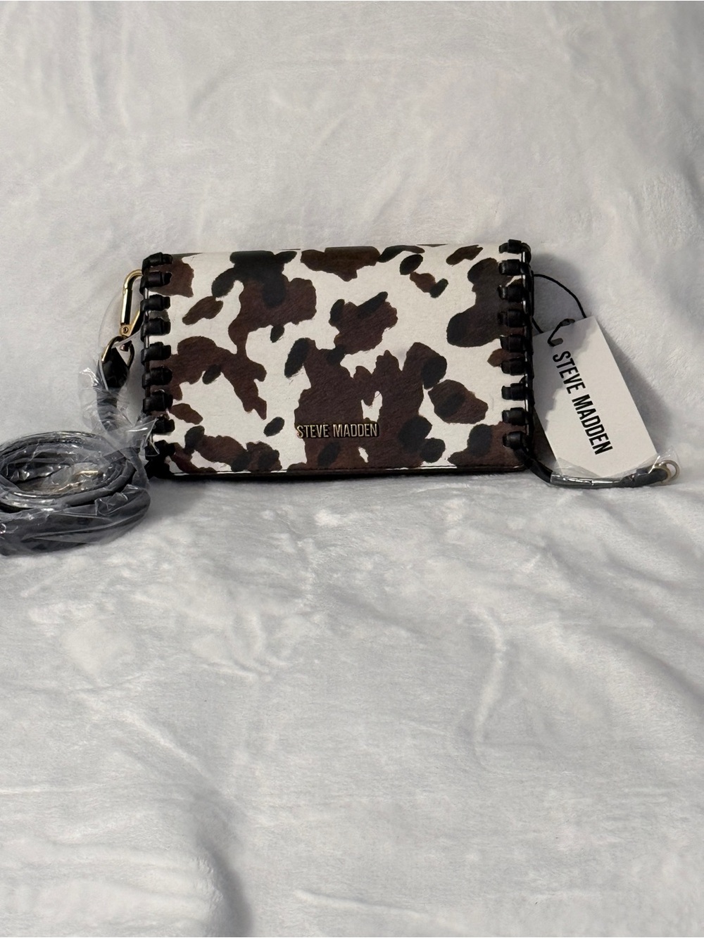 Steve Madden Brown & White Cow Print Crossbody Wallet